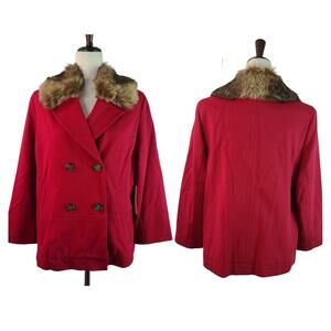 Chicos Red Pea Coat Jacket Blazer Double Breasted Removeable Faux Fur Collar M